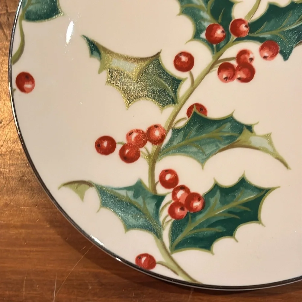 NWOT Restoration Hardware Holly Salad Plate 7 3/4” Silver Rim Christmas Holuday
